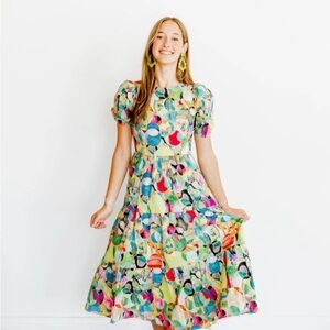 TCEC Colorful Midi Dress with Puff Sleeves Tiered A-Line Skirt